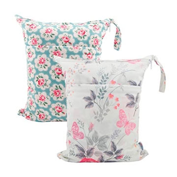 ALVABABY 2pcs Cloth Diaper Wet Dry Bags Waterproof Reusable with Two Zippered Pockets Travel Beach P...