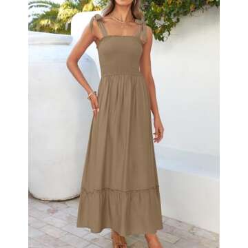 ZESICA Women's 2025 Summer Boho Spaghetti Strap Square Neck Solid Color Ruffle A Line Beach Long Maxi Dress,Khaki,Large