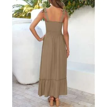ZESICA Women's 2025 Summer Boho Spaghetti Strap Square Neck Solid Color Ruffle A Line Beach Long Maxi Dress,Khaki,Large