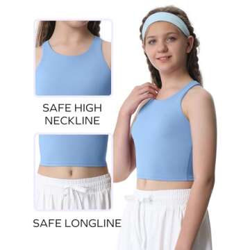 Ewedoos Girls Tank Tops Double Lined Crop Tops for Kids Sleeveless High Neck Racerback Dance Tops for Girls Athletic Light Blue