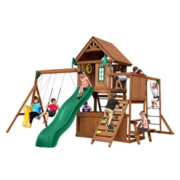 Swing-N-Slide WS 8352 Knightsbridge Ultimate Wooden Swing Set with Slide, Play Set, Monkey Bars, Cli...