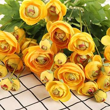 GLSATEMAN Artificial Silk Flowers Persian Buttercup Heavy Color Ranunculus Flower 5 Pcs,Suitable for core Decoration,Wedding Floral Creation,Flower Arrangement DIY Project,Interior Decor（Yellow）