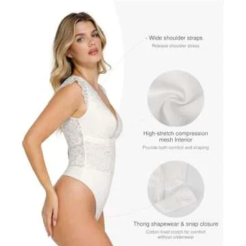 Popilush Lace Body Suits Women Tank Top Thong Shapewear BodysuitsTummy Control Going Out Tops Deep V Neck Body Shaper