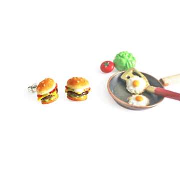 Burger Stud Earrings Miniature Food Jewelry Unique Barbecue Handmade Gifts | La Nostalgie