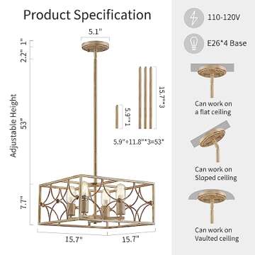 WUZUPS 4-Light Square Chandelier Pendant Ceiling Lighting Rustic Farmhouse Fixture for Kitchen Island Dining Room Entry, H 7.7" x W 15.7", E26 Base, Imitation Wood Grain