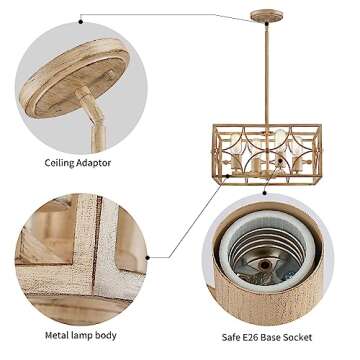WUZUPS 4-Light Square Chandelier Pendant Ceiling Lighting Rustic Farmhouse Fixture for Kitchen Island Dining Room Entry, H 7.7" x W 15.7", E26 Base, Imitation Wood Grain