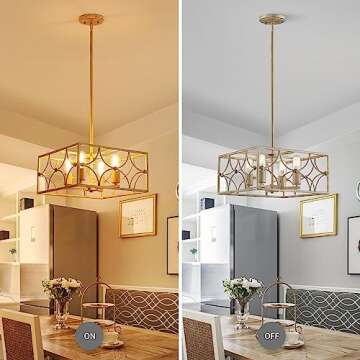 WUZUPS 4-Light Square Chandelier Pendant Ceiling Lighting Rustic Farmhouse Fixture for Kitchen Island Dining Room Entry, H 7.7" x W 15.7", E26 Base, Imitation Wood Grain