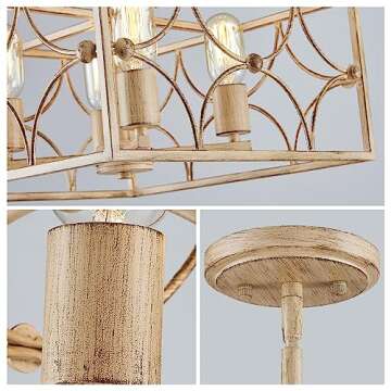 WUZUPS 4-Light Square Chandelier Pendant Ceiling Lighting Rustic Farmhouse Fixture for Kitchen Island Dining Room Entry, H 7.7" x W 15.7", E26 Base, Imitation Wood Grain