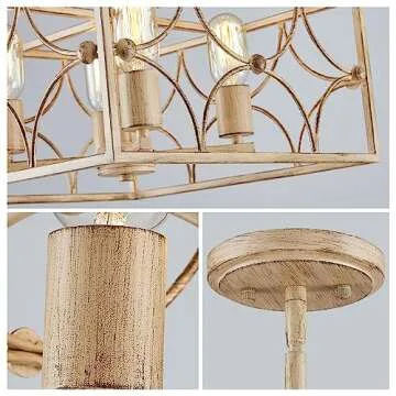 WUZUPS 4-Light Square Chandelier Pendant Ceiling Lighting Rustic Farmhouse Fixture for Kitchen Island Dining Room Entry, H 7.7" x W 15.7", E26 Base, Imitation Wood Grain