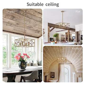 WUZUPS 4-Light Square Chandelier Pendant Ceiling Lighting Rustic Farmhouse Fixture for Kitchen Island Dining Room Entry, H 7.7" x W 15.7", E26 Base, Imitation Wood Grain