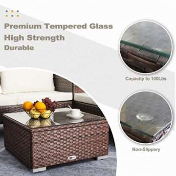 Outdoor Coffee Table for Patio Table Wicker Patio Coffee Table Lawn Garden Rattan Small Coffee Table with Glass Top All-Weather, 25.2in Mixed Brown