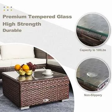 Outdoor Coffee Table for Patio Table Wicker Patio Coffee Table Lawn Garden Rattan Small Coffee Table with Glass Top All-Weather, 25.2in Mixed Brown