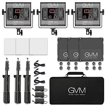 GVM 3 Pack LED Video Lighting Kits, Bi-Color Variable 2300K~6800K with Digital Display, 10~100% Brightness, CRI97+ TLCI97 Led Video Light Panel, Barndoor, App Control