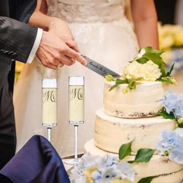 Yeegook Wedding Gifts for Bride and Groom: Mr and Mrs Champagne Flutes & Cake Cutting Set