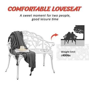 HOMEFUN Outdoor Bench, Patio Garden Benches Metal Loveseat White Cast-Aluminum Outside Furniture for Park Lawn Front Porch