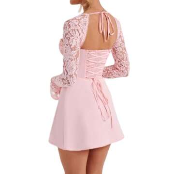 Women 's Elegant Lace Dress Lace Patchwork Long Sleeve Low Cut Mini Dress Backless Tie-up Going Out Dress (Pink, S)