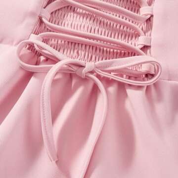 Women 's Elegant Lace Dress Lace Patchwork Long Sleeve Low Cut Mini Dress Backless Tie-up Going Out Dress (Pink, S)