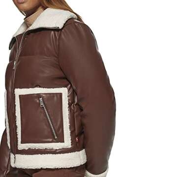 Levi's Women's Breanna Fur Puffer Jacket (Standard & Plus Sizes), Brown Faux Leather Sherpa Pocket, Small