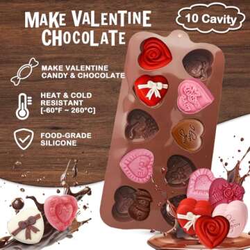 2PCS Heart Chocolate Molds, 10-Design Love Rose Silicone Molds, Non-Stick Baking Molds for DIY Chocolate, Candy, Gummy, Ice Cubes