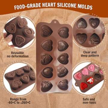 2PCS Heart Chocolate Molds, 10-Design Love Rose Silicone Molds, Non-Stick Baking Molds for DIY Chocolate, Candy, Gummy, Ice Cubes