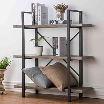 HSH 3-Shelf Bookcase, Rustic Gray 3 Tier Bookshelf, Vintage Industrial Wooden and Metal Display and ...
