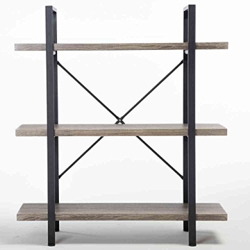 HSH 3-Shelf Bookcase, Rustic Gray 3 Tier Bookshelf, Vintage Industrial Wooden and Metal Display and Storage Bookshelves Tower for Home Office Livingroom Bedroom Light Grey Oak