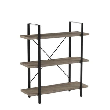HSH 3-Shelf Bookcase, Rustic Gray 3 Tier Bookshelf, Vintage Industrial Wooden and Metal Display and Storage Bookshelves Tower for Home Office Livingroom Bedroom Light Grey Oak