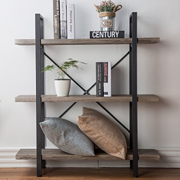 HSH 3-Shelf Bookcase, Rustic Gray 3 Tier Bookshelf, Vintage Industrial Wooden and Metal Display and Storage Bookshelves Tower for Home Office Livingroom Bedroom Light Grey Oak
