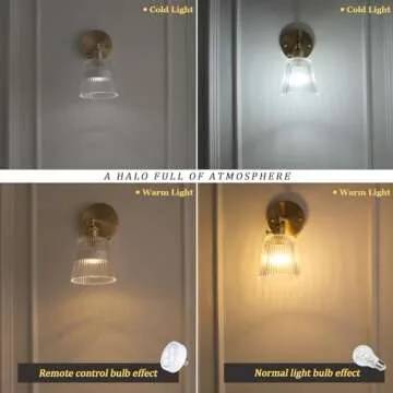 Shenmoyl Vintage Wall Sconces with Transparent Stripe Glass Lampshade 180 Degree Adjustable Brass Sconces Hradwired Modern Wall Lighting Fixture with Switch for Bedside Bedroom Doorway