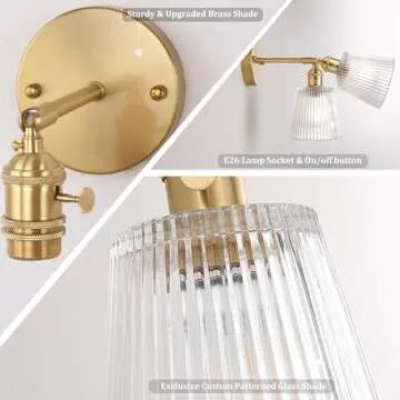 Shenmoyl Vintage Wall Sconces with Transparent Stripe Glass Lampshade 180 Degree Adjustable Brass Sconces Hradwired Modern Wall Lighting Fixture with Switch for Bedside Bedroom Doorway