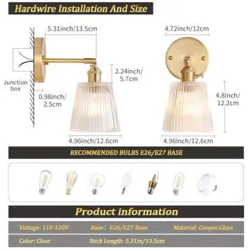Shenmoyl Vintage Wall Sconces with Transparent Stripe Glass Lampshade 180 Degree Adjustable Brass Sconces Hradwired Modern Wall Lighting Fixture with Switch for Bedside Bedroom Doorway