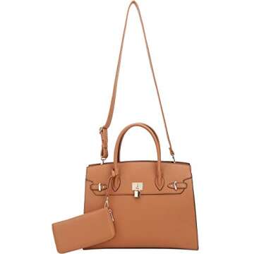 DELUXITY Women's Designer Top Handle Satchel Handbag Tote Bag Briefcase 2pc set | Tan
