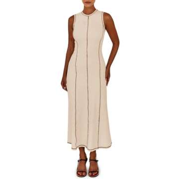 Wenrine Womens Sleeveless T Shirt Dress Summer Contrast Stitch Ribbed Knit Tank Maxi Dresses
