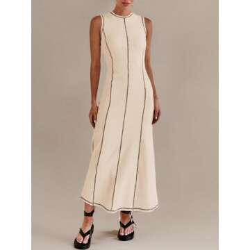 Wenrine Womens Sleeveless T Shirt Dress Summer Contrast Stitch Ribbed Knit Tank Maxi Dresses