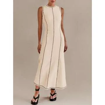 Wenrine Womens Sleeveless T Shirt Dress Summer Contrast Stitch Ribbed Knit Tank Maxi Dresses