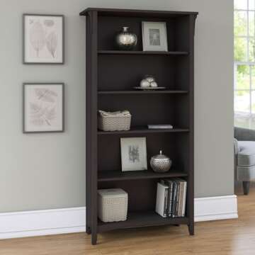 Bush Furniture Salinas 5 Shelf Bookcase In Vintage Black, Tall Bookshelf, Large Book Shelf For Livin...