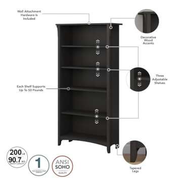 Bush Furniture Salinas 5 Shelf Bookcase In Vintage Black, Tall Bookshelf, Large Book Shelf For Living Room, Home Office, Or Entryway