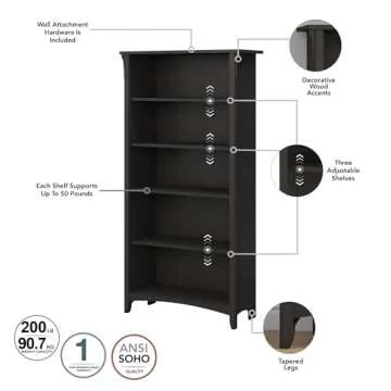 Bush Furniture Salinas 5 Shelf Bookcase In Vintage Black, Tall Bookshelf, Large Book Shelf For Living Room, Home Office, Or Entryway