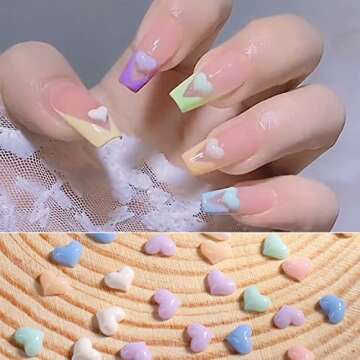 WEILUSI Mixed Macaron Color 3D Heart Nail Charms Gold Sliver Caviar Beads Nail Ball Beads - Acrylic Resin Heart and Mini Caviar Beads Nail Art Decorations 3D Design Decals DIY Manicures Accessories