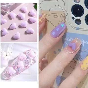 WEILUSI Mixed Macaron Color 3D Heart Nail Charms Gold Sliver Caviar Beads Nail Ball Beads - Acrylic Resin Heart and Mini Caviar Beads Nail Art Decorations 3D Design Decals DIY Manicures Accessories