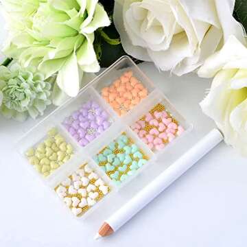 WEILUSI Mixed Macaron Color 3D Heart Nail Charms Gold Sliver Caviar Beads Nail Ball Beads - Acrylic Resin Heart and Mini Caviar Beads Nail Art Decorations 3D Design Decals DIY Manicures Accessories