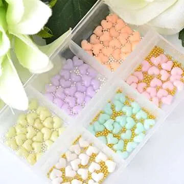 WEILUSI Mixed Macaron Color 3D Heart Nail Charms Gold Sliver Caviar Beads Nail Ball Beads - Acrylic Resin Heart and Mini Caviar Beads Nail Art Decorations 3D Design Decals DIY Manicures Accessories