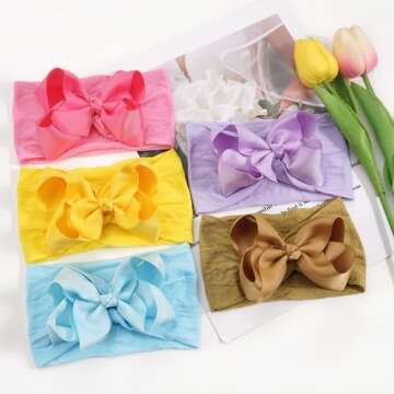 CÉLLOT 20 Colors Baby Girl Headbands with 4.5 Inches Hair Bows Nylon Turban Head Wraps Headbands for Newborn Infants and Toddlers