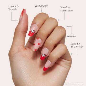 Glamnetic x Hello Kitty® and Friends Press On Nails - Hello Kitty® Red | Red French Tip Short Coffin Graphic Nails in a Glossy Finish | 15 Sizes - 30 Nail Kit with Glue