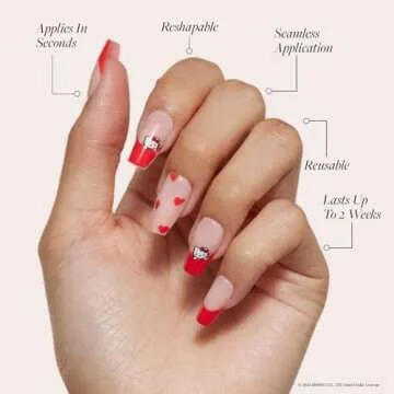 Glamnetic x Hello Kitty® and Friends Press On Nails - Hello Kitty® Red | Red French Tip Short Coffin Graphic Nails in a Glossy Finish | 15 Sizes - 30 Nail Kit with Glue