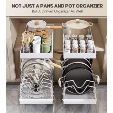 Pull Out Pots and Pans Organizer Under Cabinet, Sliding Lid Holder and Pan Rack in Kitchen, Slide Out inside Cabinet Storage for Pot Lid, Bakeware, Dishes, 8 Adjustable Dividers, 2 Pack White