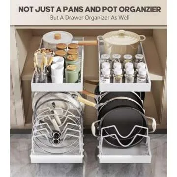 Pull Out Pots and Pans Organizer Under Cabinet, Sliding Lid Holder and Pan Rack in Kitchen, Slide Out inside Cabinet Storage for Pot Lid, Bakeware, Dishes, 8 Adjustable Dividers, 2 Pack White