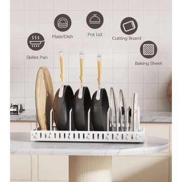 Pull Out Pots and Pans Organizer Under Cabinet, Sliding Lid Holder and Pan Rack in Kitchen, Slide Out inside Cabinet Storage for Pot Lid, Bakeware, Dishes, 8 Adjustable Dividers, 2 Pack White