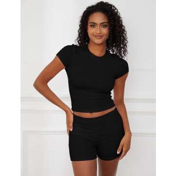 Livtany Women Yoga Lounge Sets Short Sleeve Crop Top and Low Rise Foldover Biker Shorts Set Ribbed T...