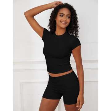 Livtany Women Yoga Lounge Sets Short Sleeve Crop Top and Low Rise Foldover Biker Shorts Set Ribbed Two Piece Outfit Tracksuit(Black, Medium)